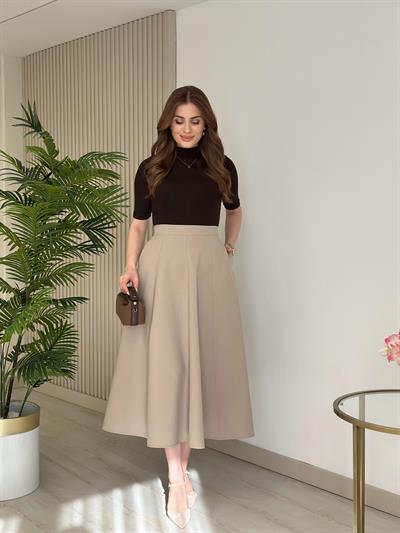 Kloş Yırtmaçlı Tok Dokulu Midi Boy Etek Taş