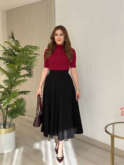 Kloş Yırtmaçlı Tok Dokulu Midi Boy Etek Siyah