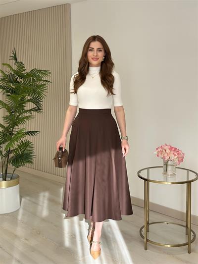 Kloş Yırtmaçlı Midi Boy Etek Kahve