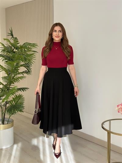 Kloş Yırtmaçlı Tok Dokulu Midi Boy Etek Siyah