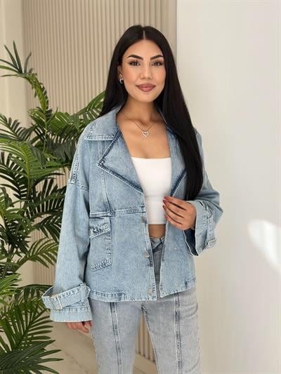 Kol Ağzı Kemerli Kot Ceket Buz Mavi