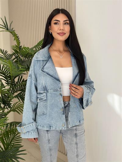 Kol Ağzı Kemerli Kot Ceket Buz Mavi