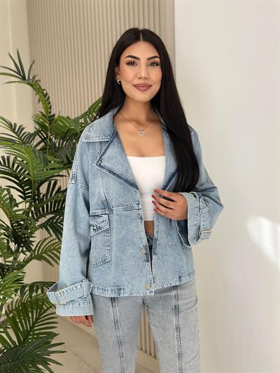 Kol Ağzı Kemerli Kot Ceket Buz Mavi