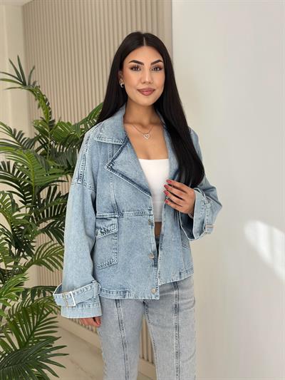 Kol Ağzı Kemerli Kot Ceket Buz Mavi