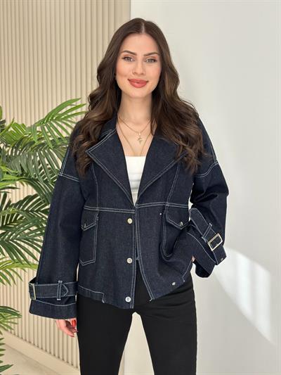 Kol Ağzı Kemerli Kot Ceket Lacivert