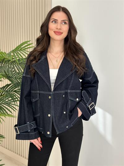 Kol Ağzı Kemerli Kot Ceket Lacivert