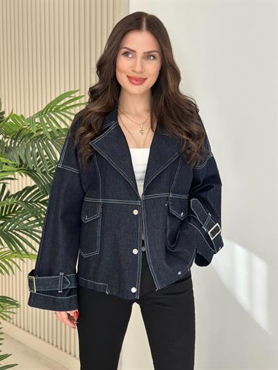 Kol Ağzı Kemerli Kot Ceket Lacivert