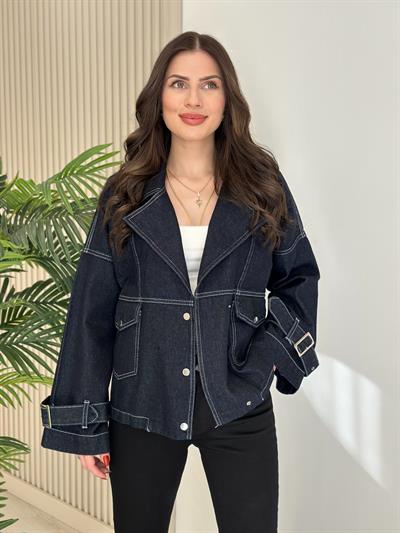 Kol Ağzı Kemerli Kot Ceket Lacivert