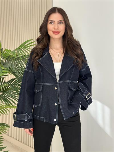 Kol Ağzı Kemerli Kot Ceket Lacivert