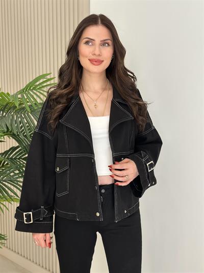 Kol Ağzı Kemerli Kot Ceket Siyah
