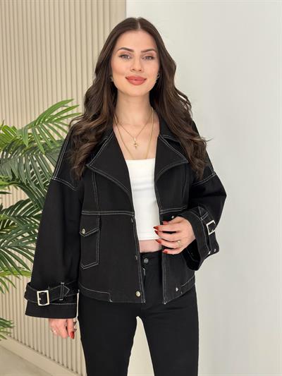 Kol Ağzı Kemerli Kot Ceket Siyah