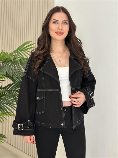 Kol Ağzı Kemerli Kot Ceket Siyah