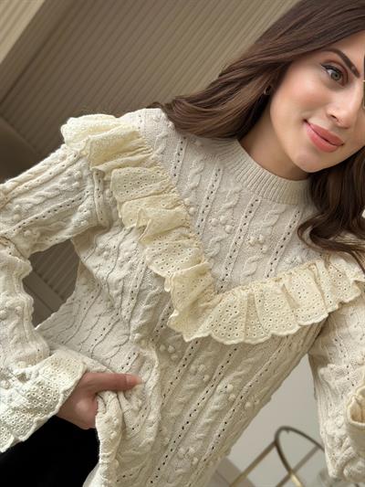 Kol Ağzı Yakası Fisto Detaylı Orj. Marka Ekru Triko 