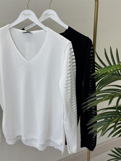 Kolları Çizgili V Yaka Merserize Siyah