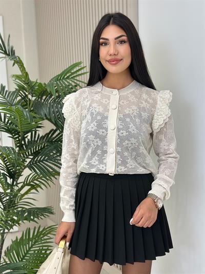 Kolları Fırfırlı Fistolu Krem Hırka