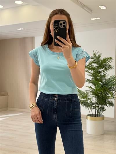 Kolları Fisto Nakışlı Tshirt Mavi