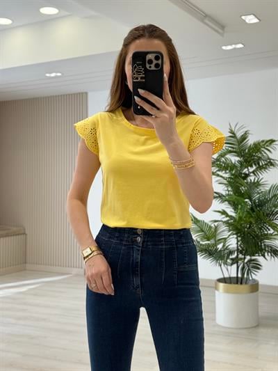Kolları Fisto Nakışlı Tshirt Sarı
