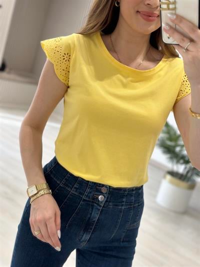 Kolları Fisto Nakışlı Tshirt Sarı