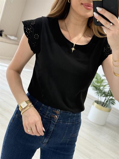 Kolları Fisto Nakışlı Tshirt Siyah