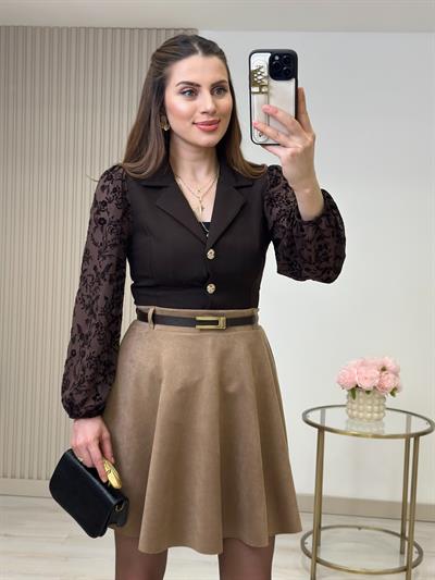 Kolları Flok Baskılı Gold Düğmeli Bluz Kahve