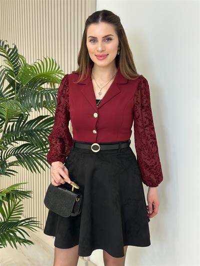 Kolları Flok Baskılı Gold Düğmeli Bluz Bordo