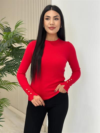 Kolları Gold Zımbalı Kaşmir Dokulu Triko Kırmızı
