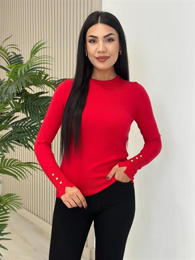 Kolları Gold Zımbalı Kaşmir Dokulu Triko Kırmızı