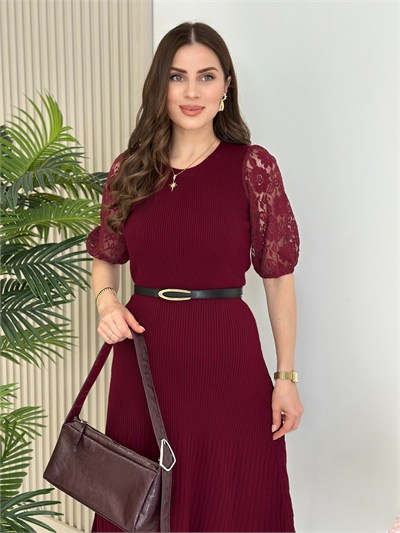 Kolları Güpür Sıfır Yaka Kloş Triko Elbise Bordo