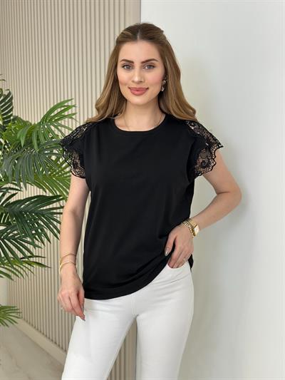 Kolları Güpürlü Likralı Rahat Kalıp Tshirt Siyah