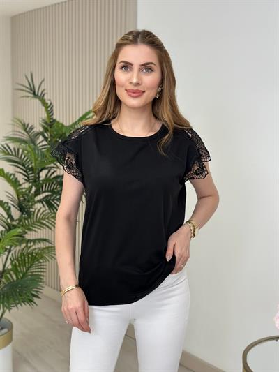 Kolları Güpürlü Likralı Rahat Kalıp Tshirt Siyah