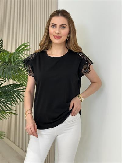 Kolları Güpürlü Likralı Rahat Kalıp Tshirt Siyah