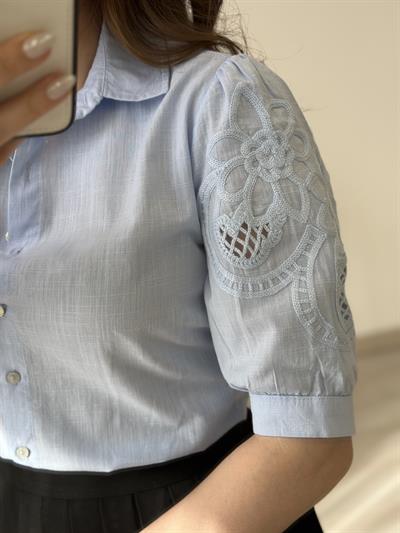 Kolları Güpürlü Yarım Kol Keten Gömlek Bebe Mavi