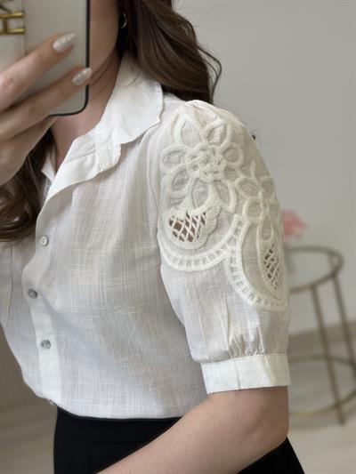 Kolları Güpürlü Yarım Kol Keten Gömlek Beyaz