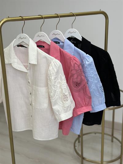 Kolları Güpürlü Yarım Kol Keten Gömlek Bebe Mavi