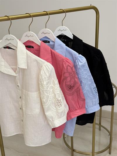 Kolları Güpürlü Yarım Kol Keten Gömlek Siyah