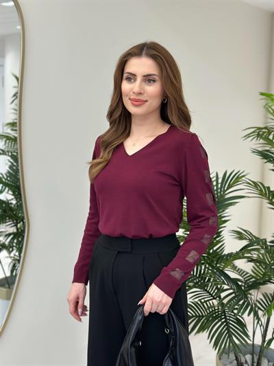 Kolları Kare Simli Detaylı V Yaka Merserize Bordo