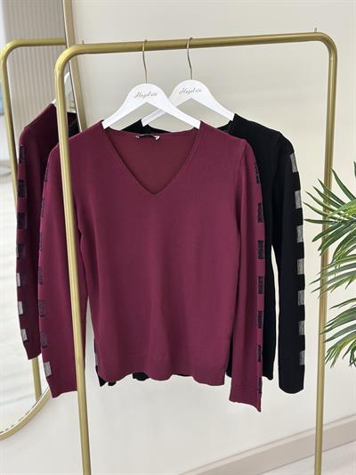 Kolları Kare Simli Detaylı V Yaka Merserize Bordo