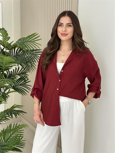 Kolları Katlamalı Tensel Gömlek Bordo
