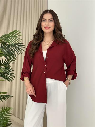 Kolları Katlamalı Tensel Gömlek Bordo