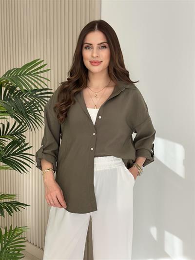 Kolları Katlamalı Tensel Gömlek Haki Yeşil
