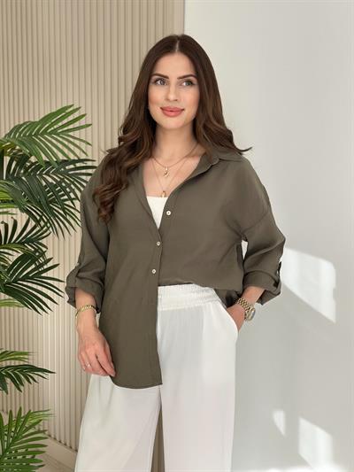 Kolları Katlamalı Tensel Gömlek Haki Yeşil