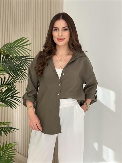 Kolları Katlamalı Tensel Gömlek Haki Yeşil