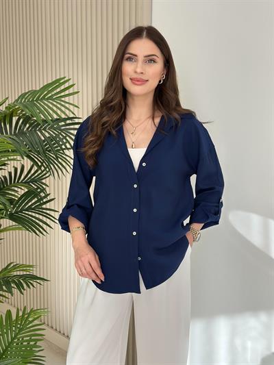 Kolları Katlamalı Tensel Gömlek Lacivert