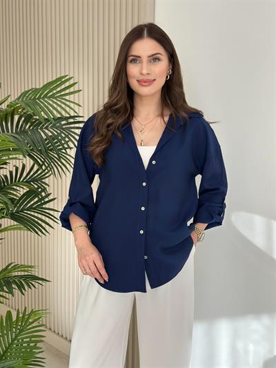Kolları Katlamalı Tensel Gömlek Lacivert