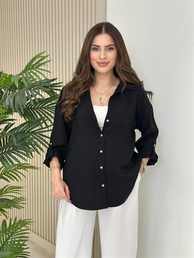 Kolları Katlamalı Tensel Gömlek Siyah