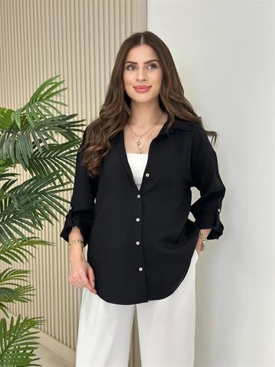 Kolları Katlamalı Tensel Gömlek Siyah