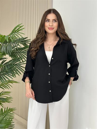 Kolları Katlamalı Tensel Gömlek Siyah