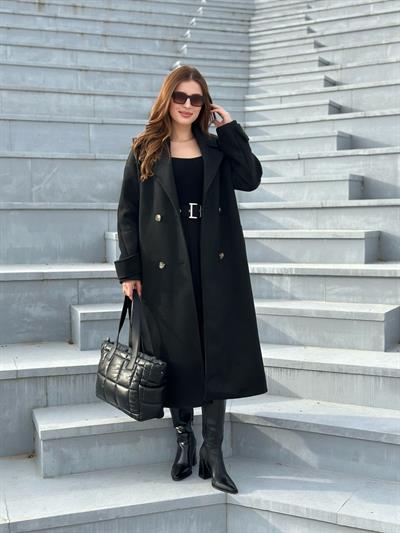 Kolları Kemerli Kaşe Kaban Siyah