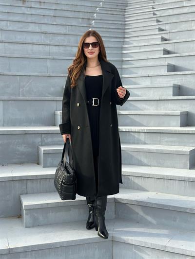 Kolları Kemerli Kaşe Kaban Siyah