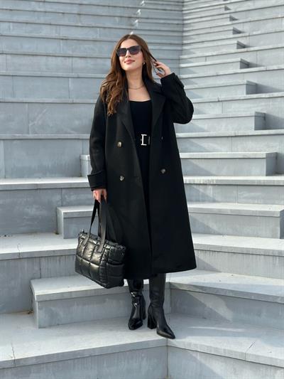 Kolları Kemerli Kaşe Kaban Siyah